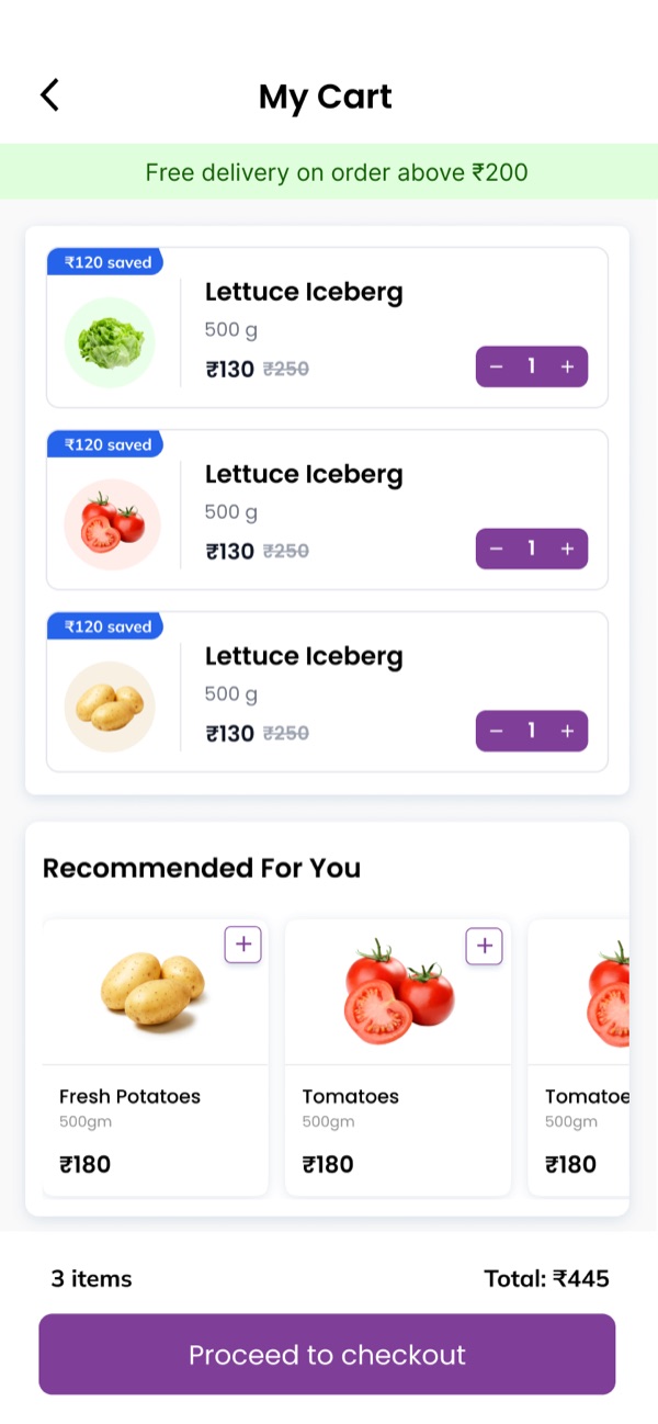 FarmersKart cart with Recommended For You carousel