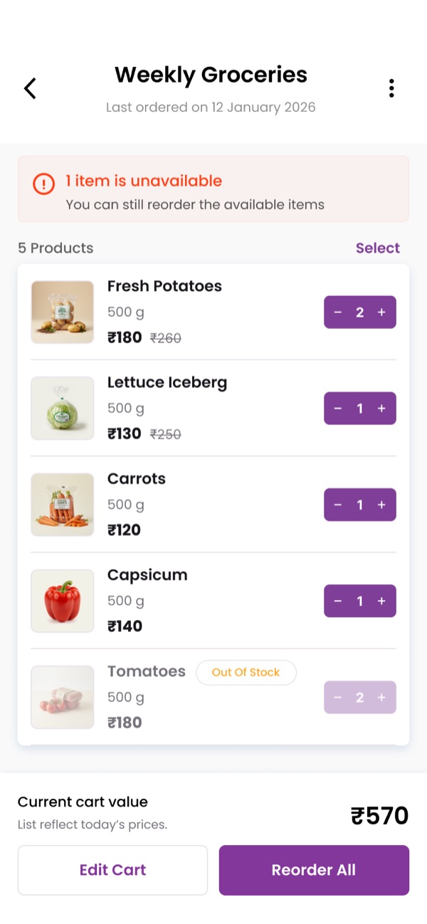 FarmersKart reorder screen with product selection